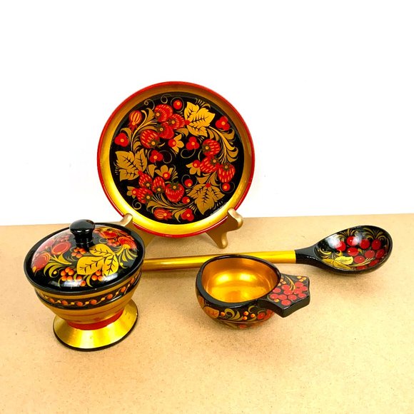 Russian Other - Vintage Russian Lacquerware Khokhloma Set Of 5 Wooden Items